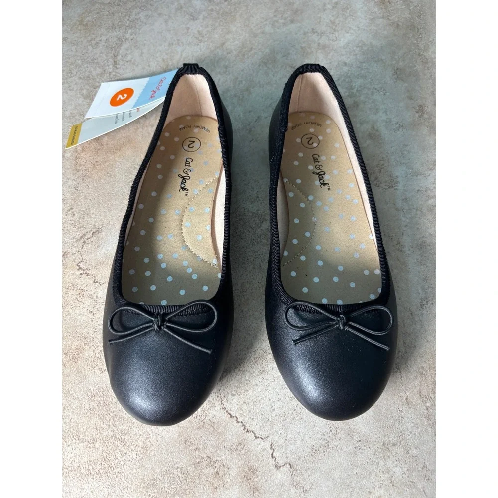 Cat & Jack Kids Diana Ballet Flats Black Bow Memory Foam Size 2 NEW